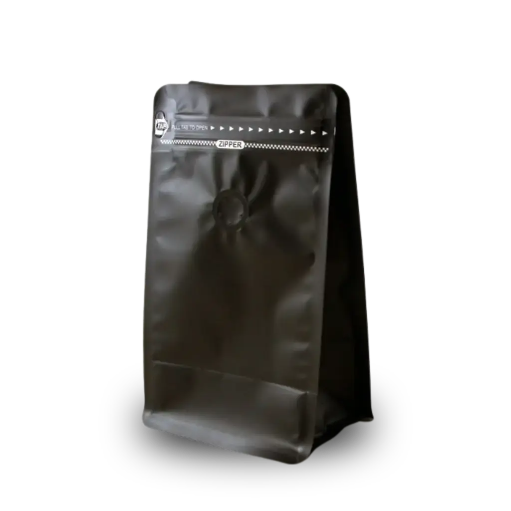Koffiezak 250 gram Zwart boxpouch met ventiel en zipper