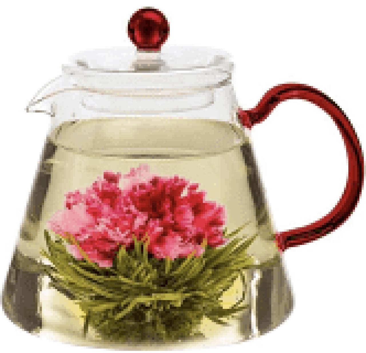 Glazen theepot met een uitgevouwen theebloem