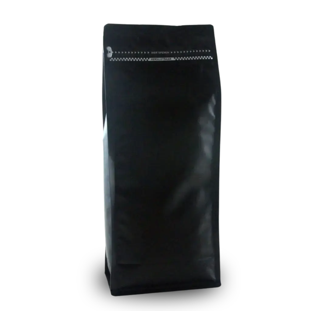 Koffiezak 1 kilo Zwart boxpouch met ventiel en zipper
