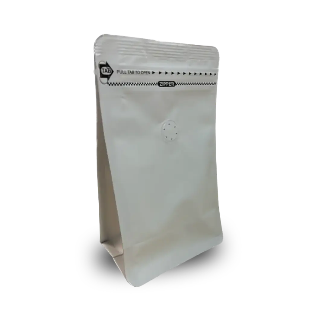 Koffiezak 250 gram Wit boxpouch met ventiel en zipper