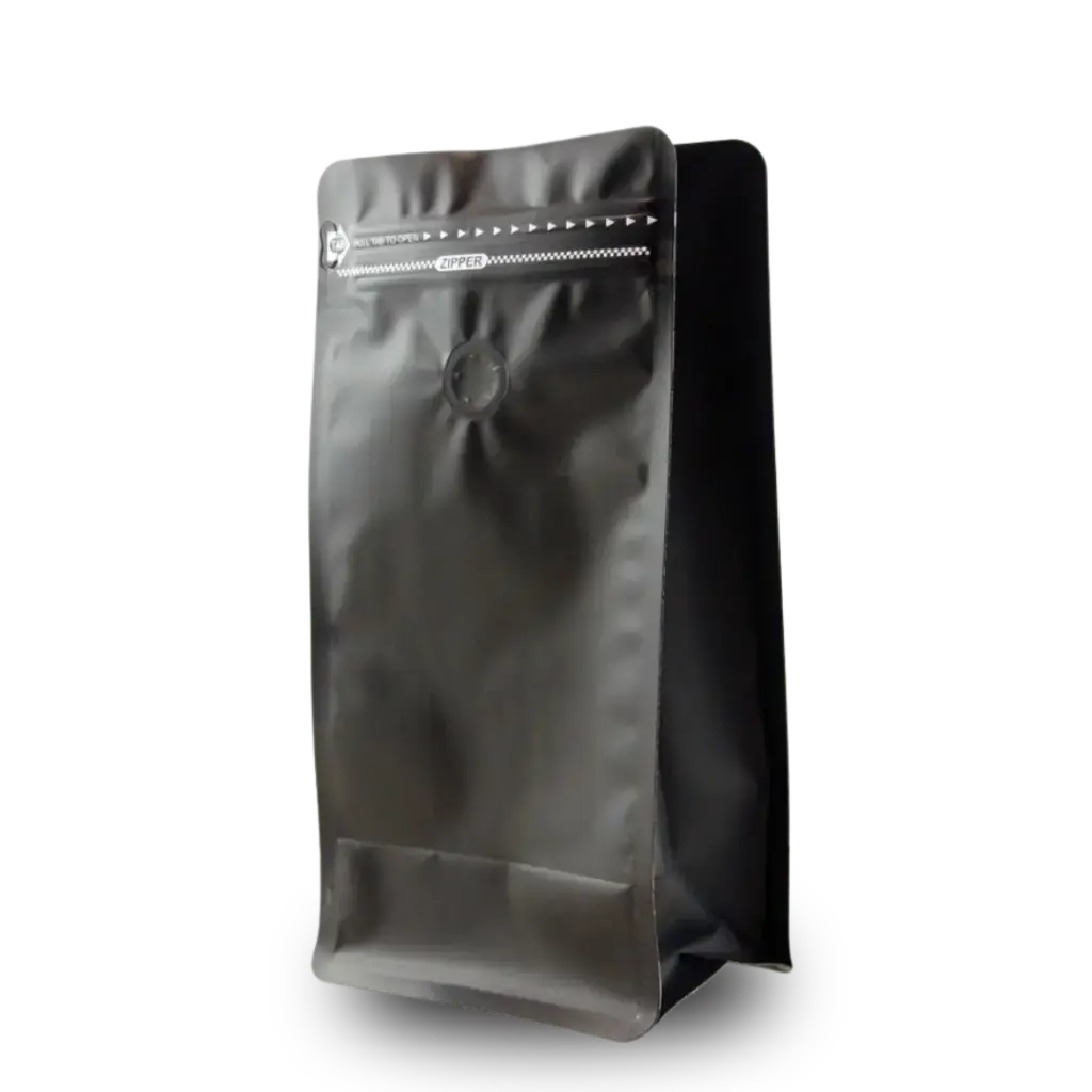 Koffiezak 500 gram zwart boxpouch met ventiel en zipper