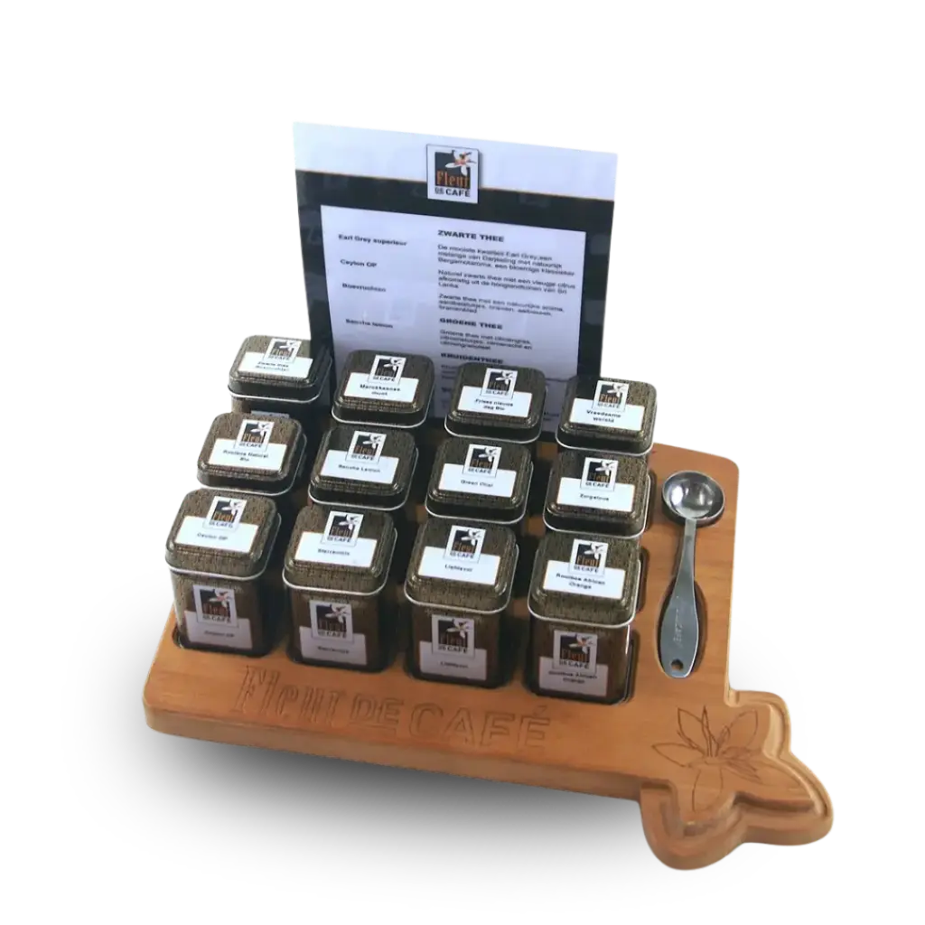 Theeplateau hout de Luxe met 12 blikken en lepel