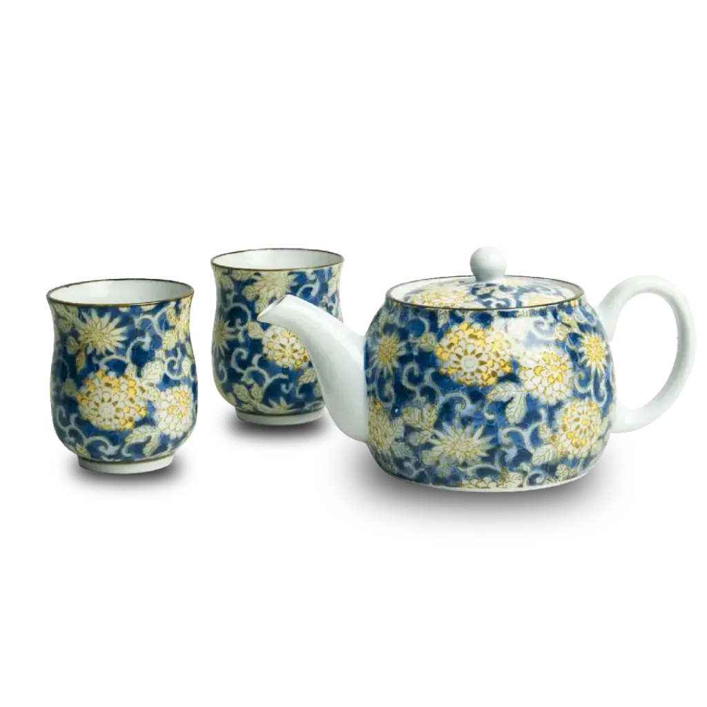 Theeservies set met theepot en 2 kopjes bloem