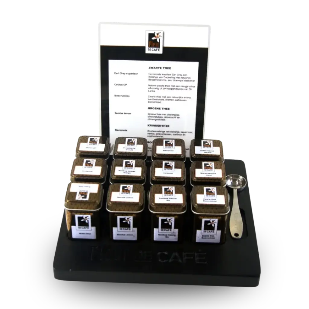 Theeplateau de Luxe zwart met 12 blikken en lepel