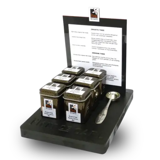 [TA036] Theeplateau zwart met 6 blikken met lepel