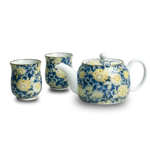 [TA154] Op = op Theeservies set met theepot en 2 kopjes bloem